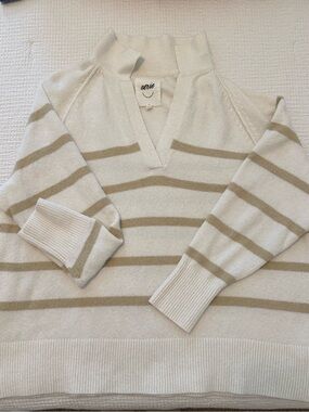 aerie Cream & Tan Striped V-Neck Pullover Sweater